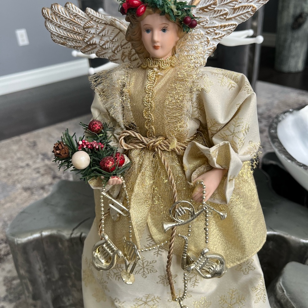 15 inch vintage Christmas tree angel gold fully decorated and dressed beautiful